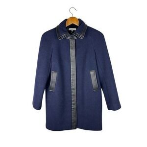 Sandro Navy Blue 100%‎ Wool Black Leather Trim Detail Women's 36 Small M8318H